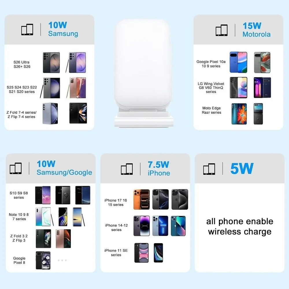 15W Fast Wireless Charger Stand for Samsung Z Fold 8 Flip 8 S26 Ultra Pixel 10